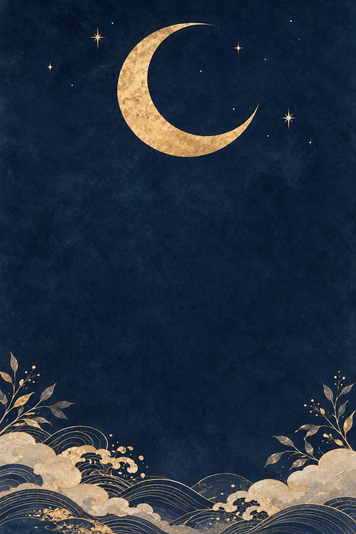 藍の夜空に浮かぶ金の三日月と、金の線で描いた波と雲